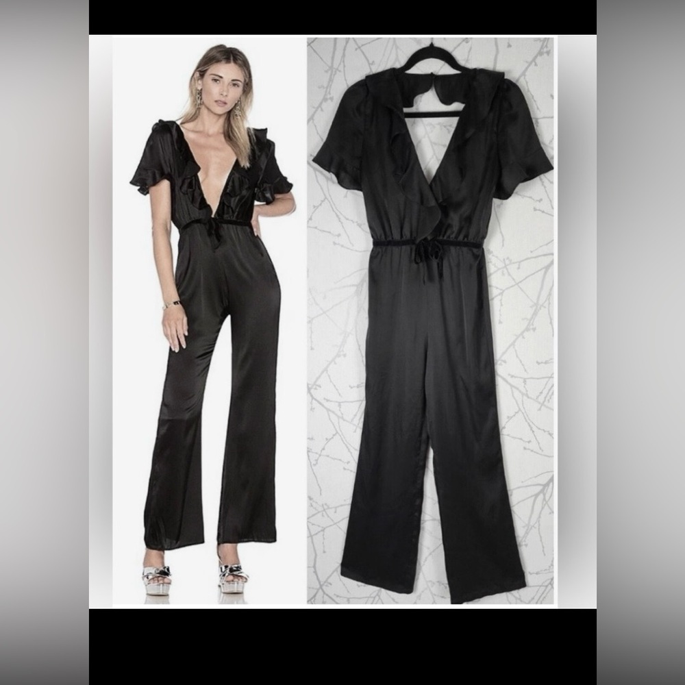 For Love and Lemons Bette Black Jumpsuit Ruffle Details Plunging Neckline Sz. XS